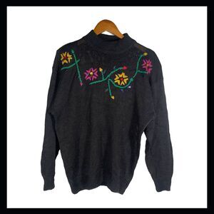 Vintage Basket of Yarn Embroidered Sweater Ramie Cotton Black Floral Size L